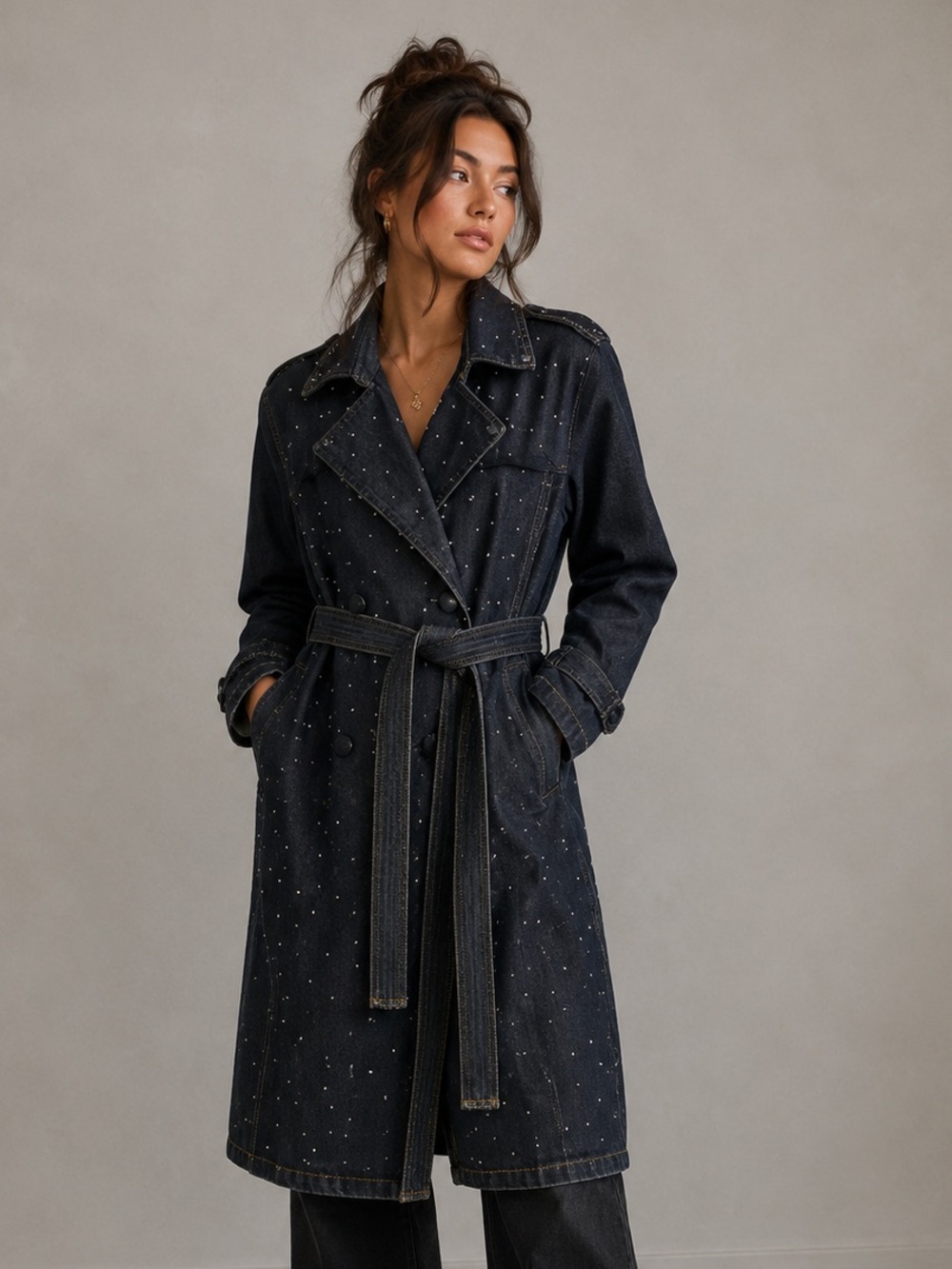 Vintage Stylish Indigo Denim Rhinestones Utility Trench Coat Size Small/Medium